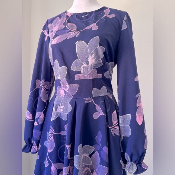 Simple Flavor Purple & Pink Floral Print Long Sleeve Knee Length A-Line Dress - Picture 3 of 8